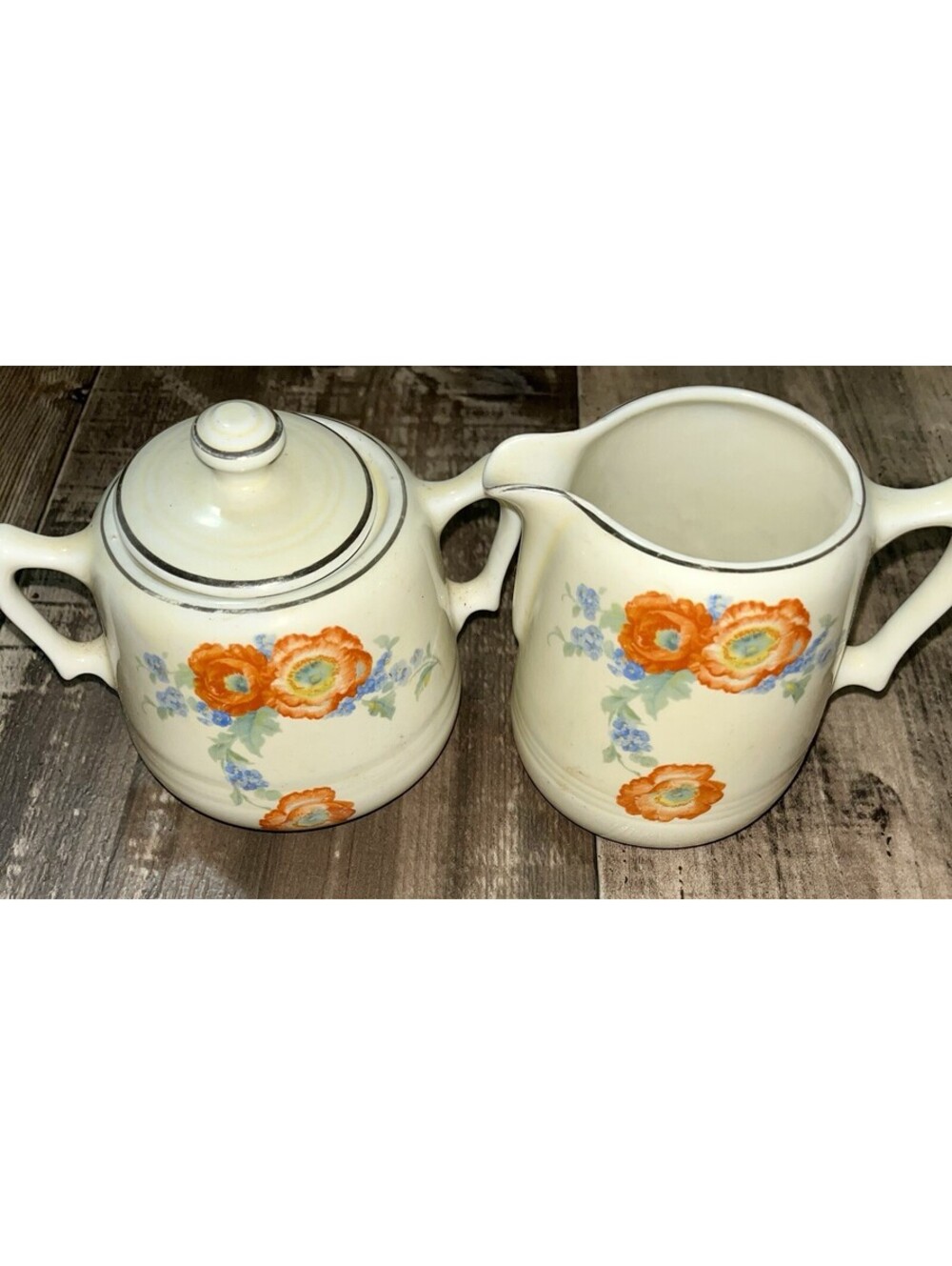 Vintage Hall China Orange Poppy Sugar Bowl with Lid & Creamer Set